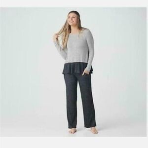 Cuddl Duds SoftKnit Ruffled Hem Crew Top Pants Pajama-A368096-NEW Charcoal Small